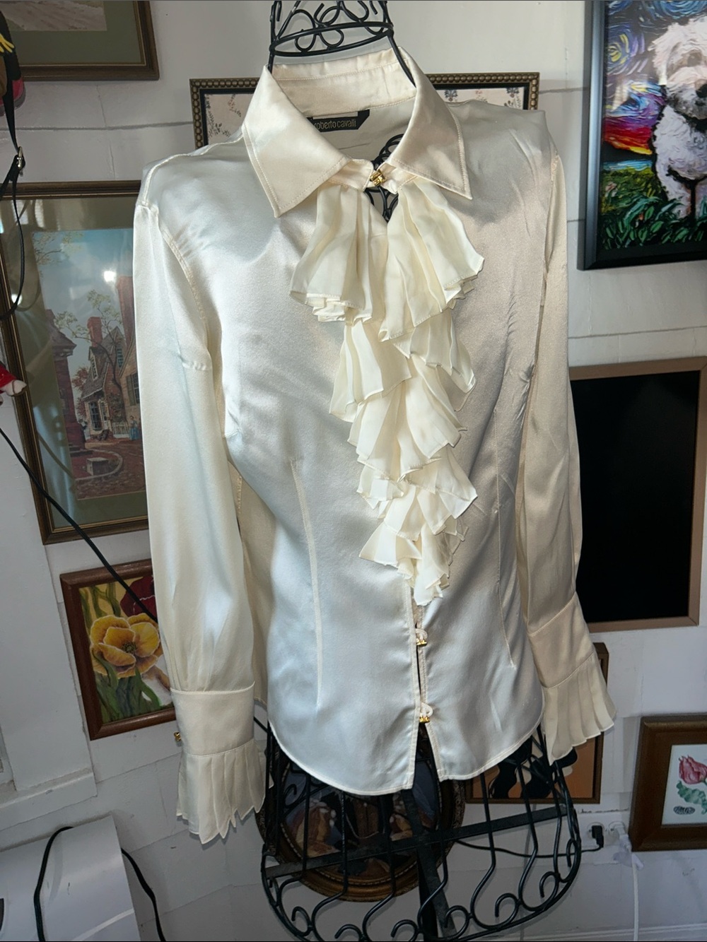 Roberto Cavalli Cream Silk Ruffled Blouse